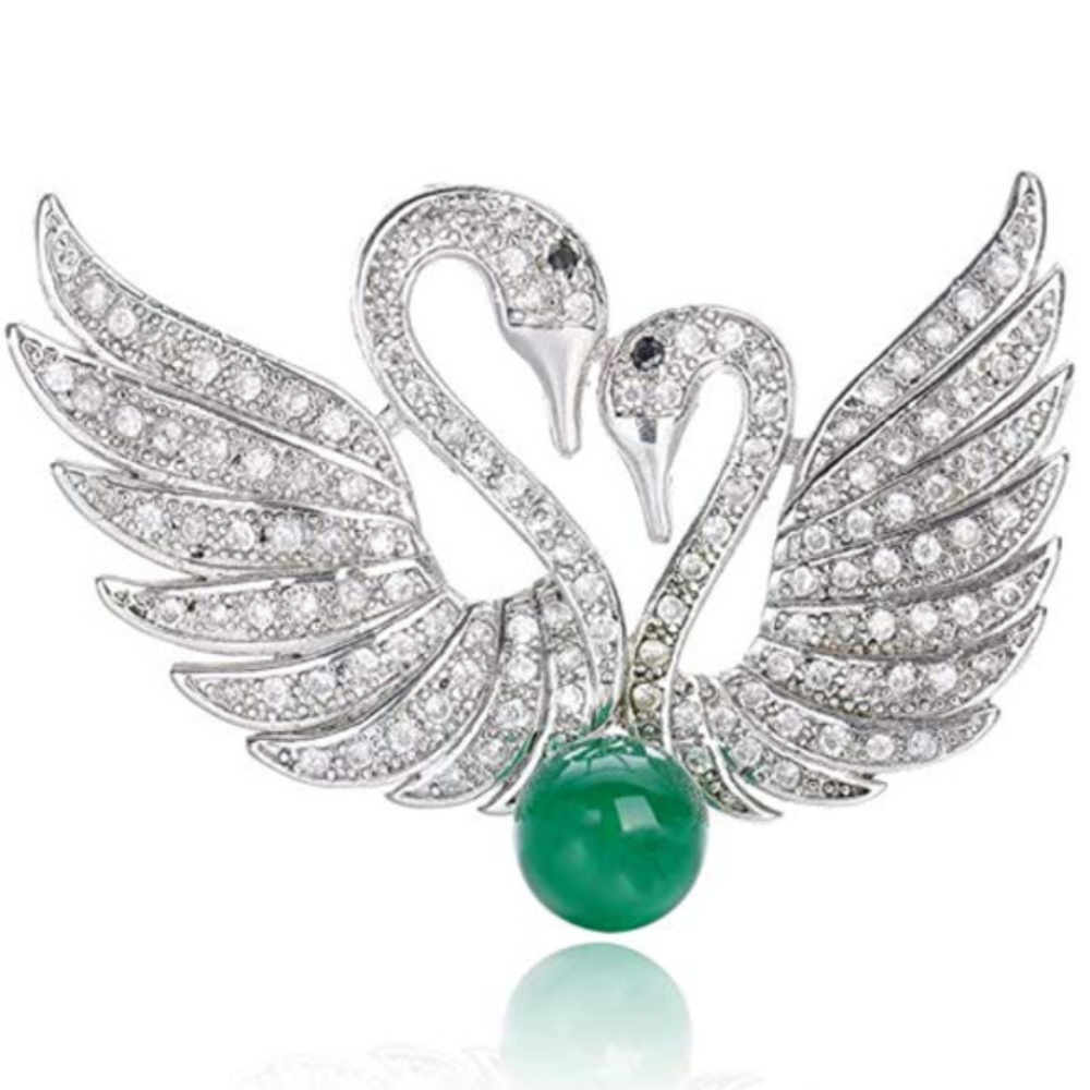 swan couple rhinestone & jade brooch / pendant